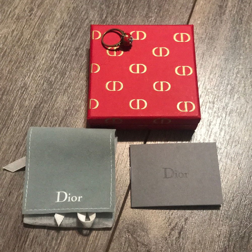 NIB Christian Dior red enamel ring with pearls.